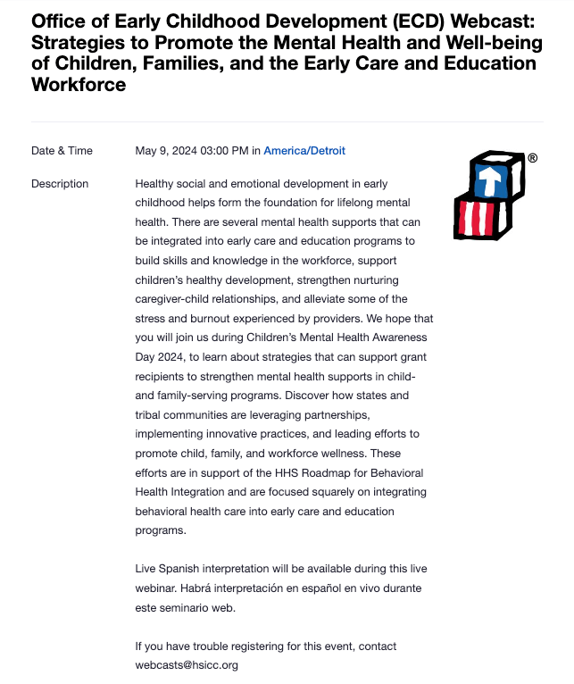 May 9, 2024 – Strategies to Promote the Mental Health and Well-being of Children, Families, and the Early Care and Education Workforce